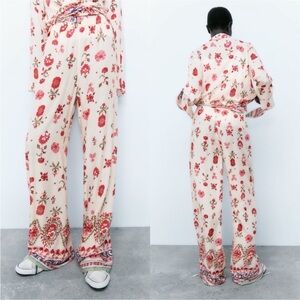 ZARA Pants Palazzo Paisley printed Pull On pajama Cream Red  XSmall